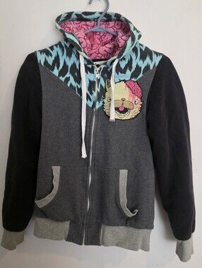 RARE Drop Dead Zip Hoodie - Zombie Cat - XS Emo Scene - Gothic Y2K - Creepy Cute